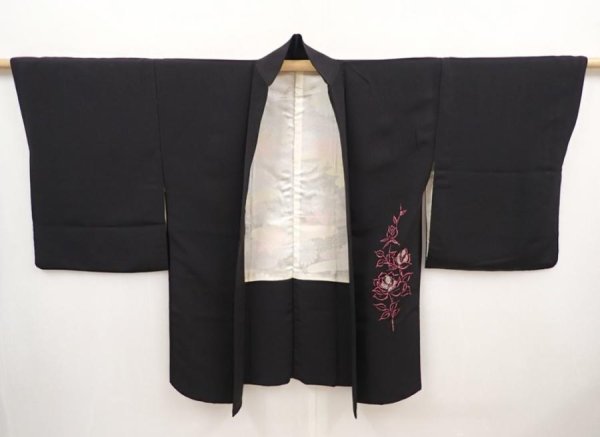 Photo6: 6629T07z550 Vintage Japanese Kimono Silk HAORI Flower Black (6)