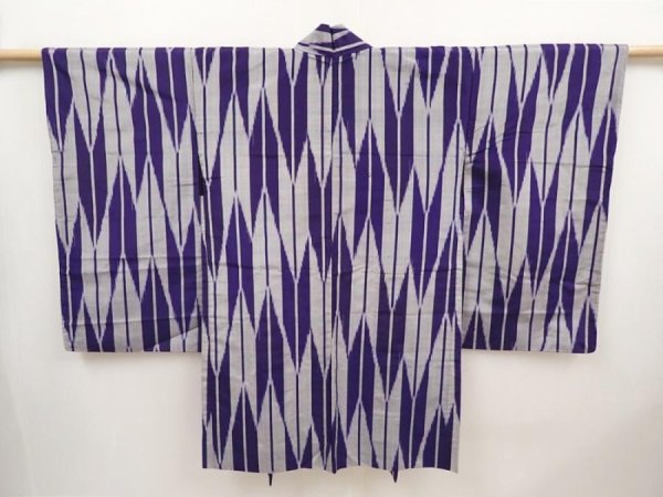 Photo1: 6629T08z400 Antique Japanese Kimono Silk HAORI Yagasuri Dark lavender blue (1)