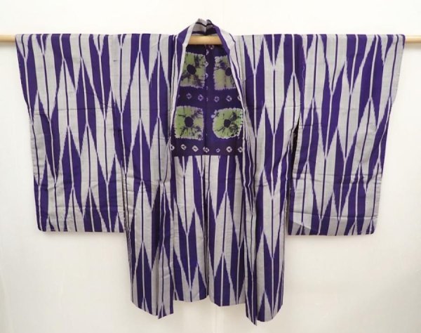 Photo6: 6629T08z400 Antique Japanese Kimono Silk HAORI Yagasuri Dark lavender blue (6)