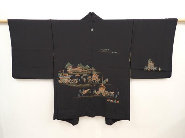 Photo2: 6629T09z620 Vintage Japanese Kimono Silk HAORI Gion matsuri Black (2)