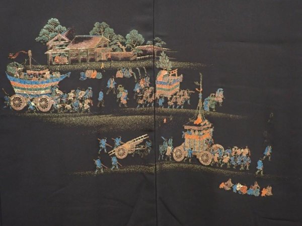 Photo4: 6629T09z620 Vintage Japanese Kimono Silk HAORI Gion matsuri Black (4)
