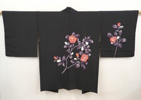 Photo1: 6629T10z640 Vintage Japanese Kimono Silk HAORI Flower Black (1)