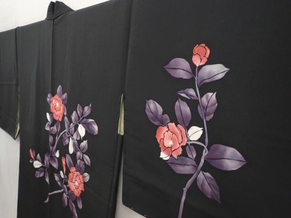 Photo2: 6629T10z640 Vintage Japanese Kimono Silk HAORI Flower Black (2)