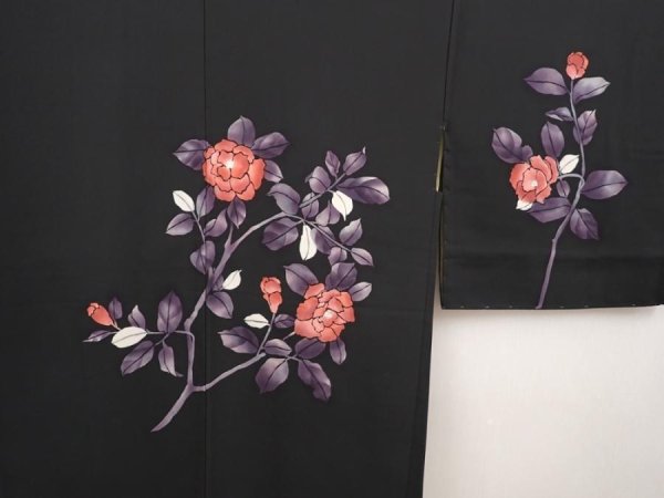 Photo3: 6629T10z640 Vintage Japanese Kimono Silk HAORI Flower Black (3)
