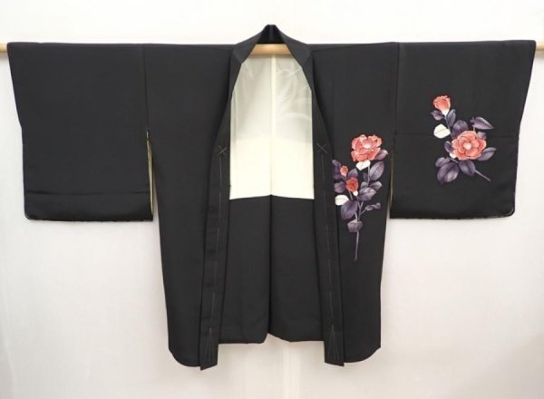 Photo5: 6629T10z640 Vintage Japanese Kimono Silk HAORI Flower Black (5)