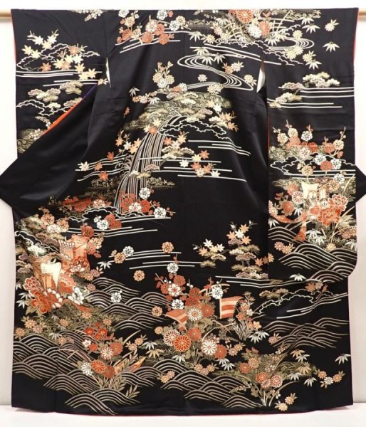 Photo1: 6629T11z1640  Japanese Kimono Silk FURISODE Royal cart Black (1)