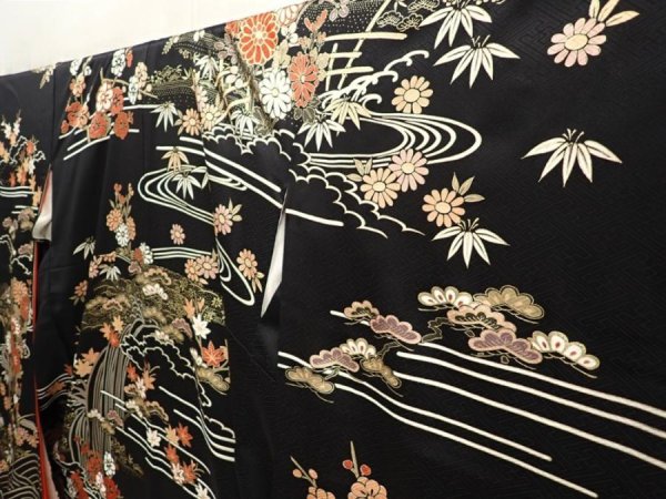 Photo2: 6629T11z1640  Japanese Kimono Silk FURISODE Royal cart Black (2)