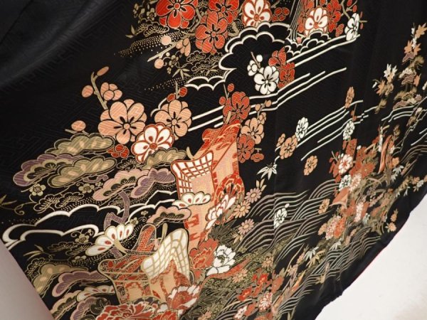 Photo3: 6629T11z1640  Japanese Kimono Silk FURISODE Royal cart Black (3)