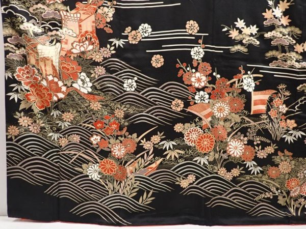 Photo5: 6629T11z1640  Japanese Kimono Silk FURISODE Royal cart Black (5)