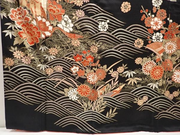 Photo6: 6629T11z1640  Japanese Kimono Silk FURISODE Royal cart Black (6)
