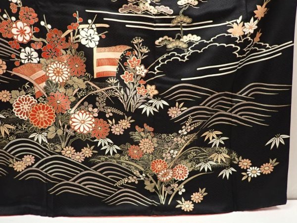 Photo7: 6629T11z1640  Japanese Kimono Silk FURISODE Royal cart Black (7)