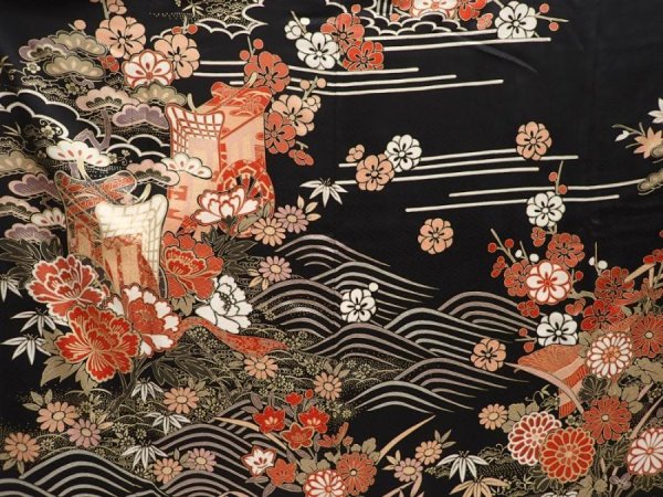 Photo8: 6629T11z1640  Japanese Kimono Silk FURISODE Royal cart Black (8)