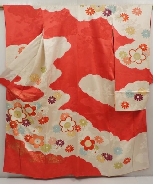 Photo1: 6629T12z1000 Vintage Japanese Kimono Silk FURISODE Plum blossom Red-Pink (1)