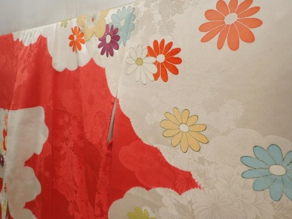 Photo2: 6629T12z1000 Vintage Japanese Kimono Silk FURISODE Plum blossom Red-Pink (2)