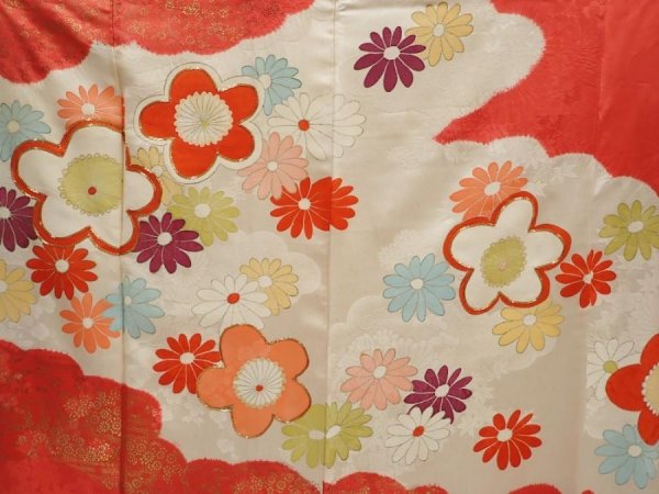 Photo8: 6629T12z1000 Vintage Japanese Kimono Silk FURISODE Plum blossom Red-Pink (8)