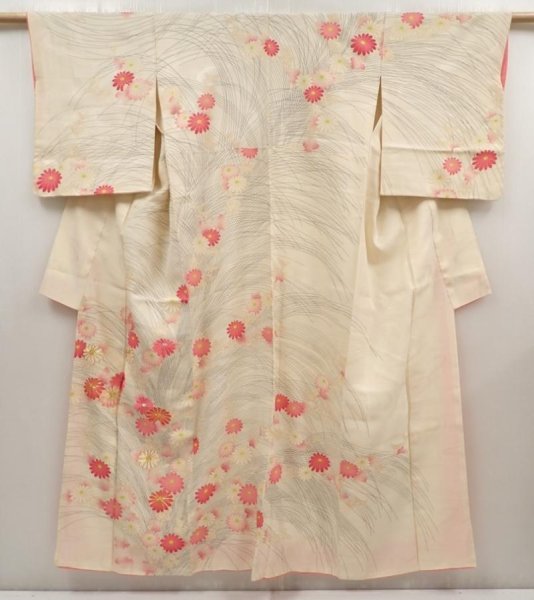 Photo1: 6629T13z740 Vintage Japanese Kimono Silk TSUKESAGE Chrysanthemum Off-white (1)