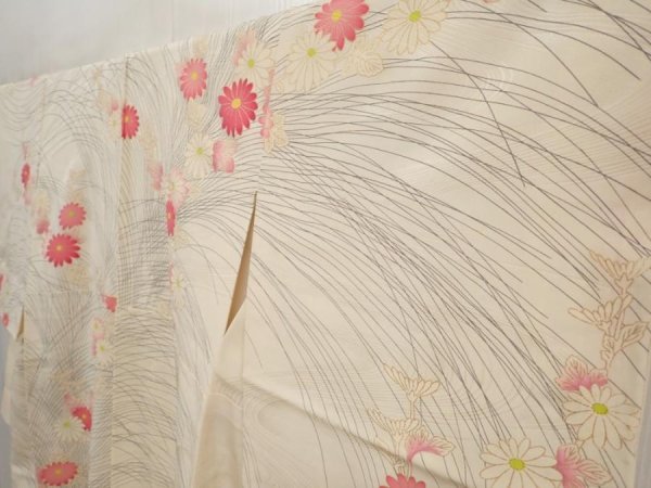 Photo2: 6629T13z740 Vintage Japanese Kimono Silk TSUKESAGE Chrysanthemum Off-white (2)