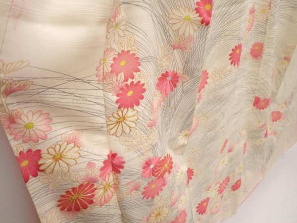 Photo3: 6629T13z740 Vintage Japanese Kimono Silk TSUKESAGE Chrysanthemum Off-white (3)