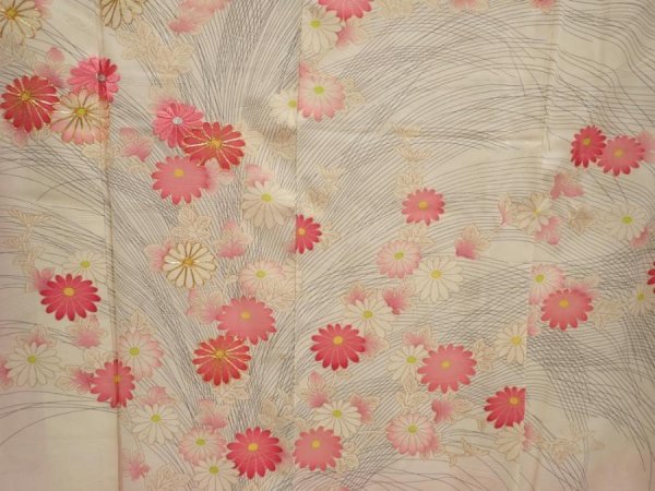 Photo8: 6629T13z740 Vintage Japanese Kimono Silk TSUKESAGE Chrysanthemum Off-white (8)