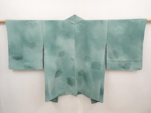 Photo1: 6630T01z410 Vintage Japanese Kimono Silk HAORI Flower Dull cyan (1)