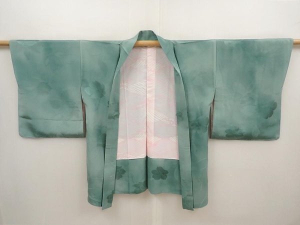Photo5: 6630T01z410 Vintage Japanese Kimono Silk HAORI Flower Dull cyan (5)