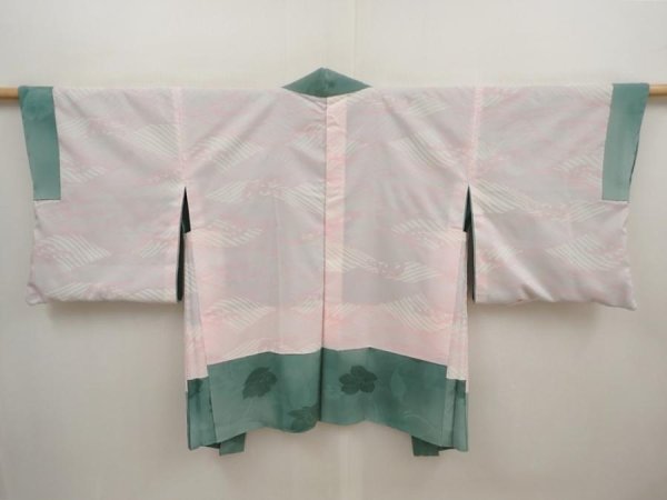Photo6: 6630T01z410 Vintage Japanese Kimono Silk HAORI Flower Dull cyan (6)