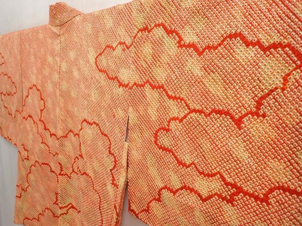Photo2: 6630T05z470 Vintage Japanese Kimono Silk SHIBORI HAORI Cloud Red (2)