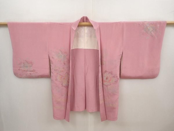 Photo5: 6630T06z560 Vintage Japanese Kimono Silk HAORI Flower Dull pink (5)