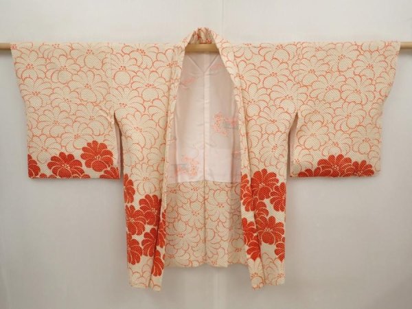 Photo5: 6630T09z560 Vintage Japanese Kimono Silk SHIBORI HAORI Flower Dull white (5)