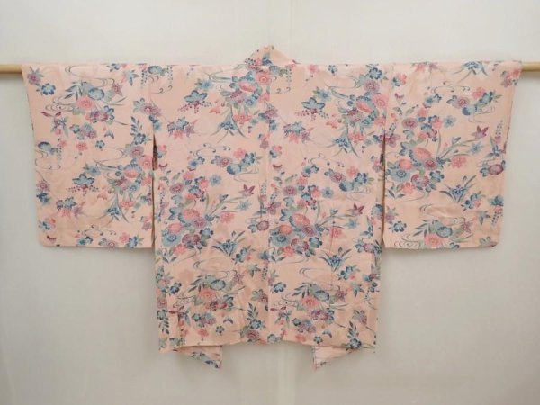 Photo1: 6630T10z410 Vintage Japanese Kimono Silk HAORI Flowers Pink (1)