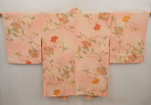 Photo1: 6630T11z570 Vintage Japanese Kimono Silk HAORI Flower Peach (1)