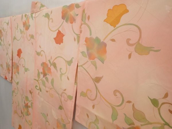 Photo2: 6630T11z570 Vintage Japanese Kimono Silk HAORI Flower Peach (2)
