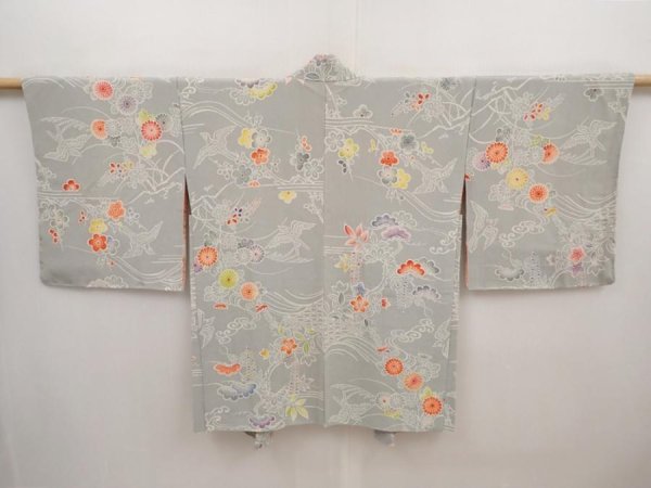 Photo1: 6630T12z710 Vintage Japanese Kimono Crepe Silk HAORI Flowers Gray (1)