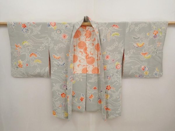 Photo5: 6630T12z710 Vintage Japanese Kimono Crepe Silk HAORI Flowers Gray (5)