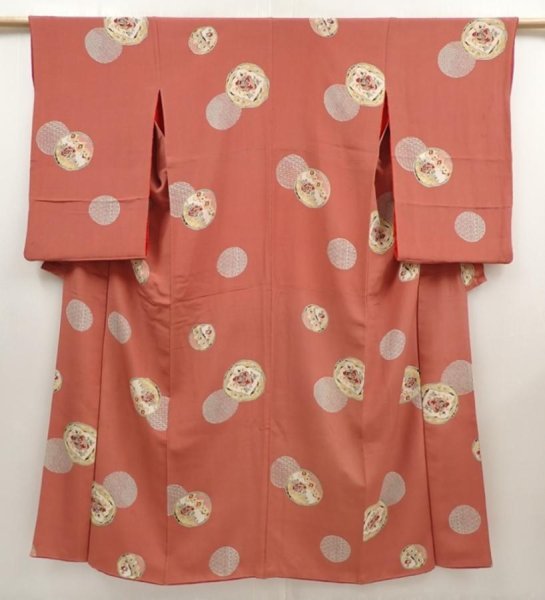 Photo1: 6630T13z640 Vintage Japanese Kimono Silk KOMON Flower Dark coral (1)