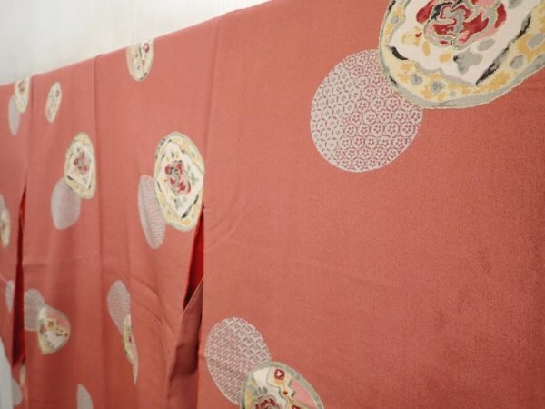 Photo2: 6630T13z640 Vintage Japanese Kimono Silk KOMON Flower Dark coral (2)
