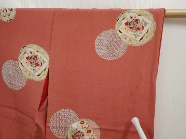 Photo7: 6630T13z640 Vintage Japanese Kimono Silk KOMON Flower Dark coral (7)