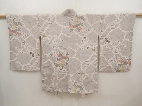 Photo1: 6701T01z790 Vintage Japanese Kimono Silk HAORI Chrysanthemum Light gray (1)