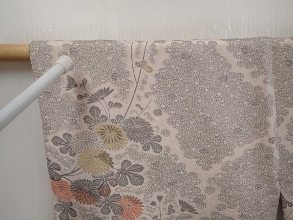 Photo6: 6701T01z790 Vintage Japanese Kimono Silk HAORI Chrysanthemum Light gray (6)
