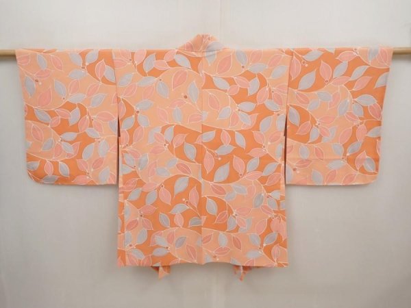 Photo1: 6701T02z590 Vintage Japanese Kimono Silk HAORI Leaf Dark salmon (1)