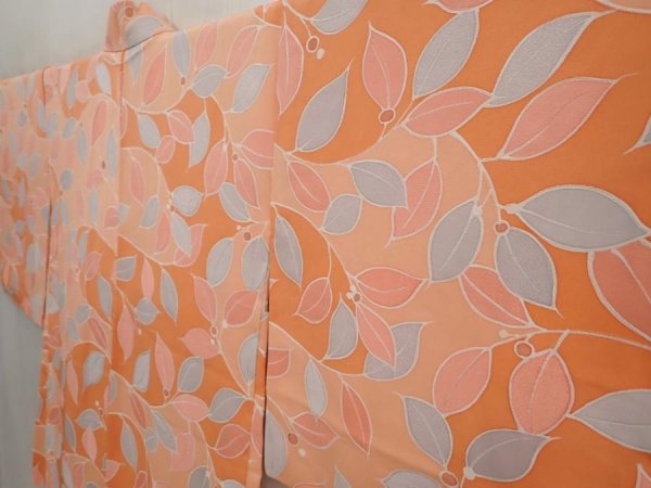 Photo2: 6701T02z590 Vintage Japanese Kimono Silk HAORI Leaf Dark salmon (2)