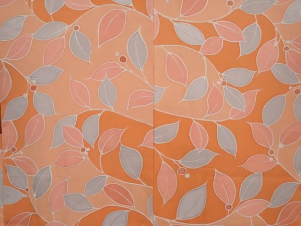 Photo3: 6701T02z590 Vintage Japanese Kimono Silk HAORI Leaf Dark salmon (3)