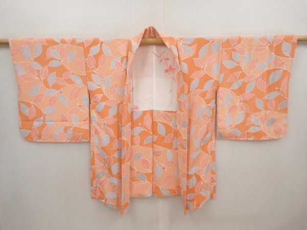 Photo5: 6701T02z590 Vintage Japanese Kimono Silk HAORI Leaf Dark salmon (5)