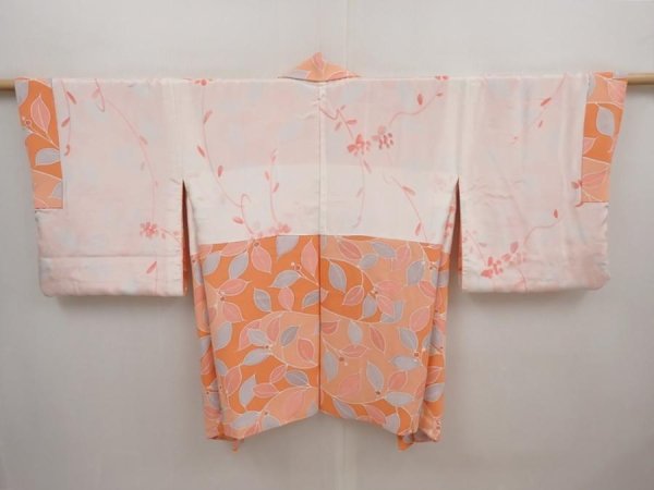 Photo6: 6701T02z590 Vintage Japanese Kimono Silk HAORI Leaf Dark salmon (6)