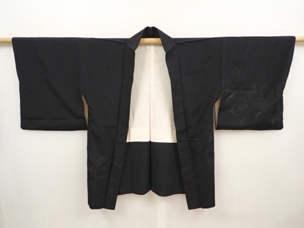 Photo5: 6701T03z490 Vintage Japanese Kimono Silk HAORI Flower Black (5)
