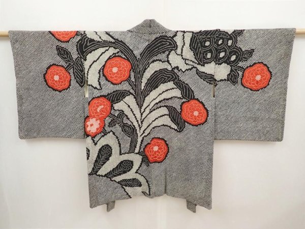 Photo1: 6701T04z640 Vintage Japanese Kimono Silk SHIBORI HAORI Flower Black (1)
