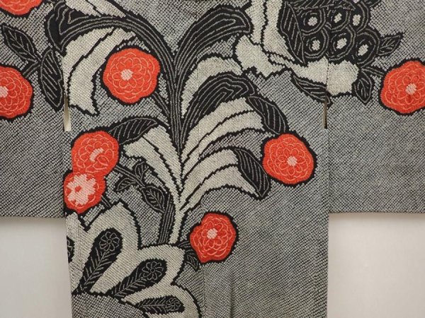 Photo3: 6701T04z640 Vintage Japanese Kimono Silk SHIBORI HAORI Flower Black (3)
