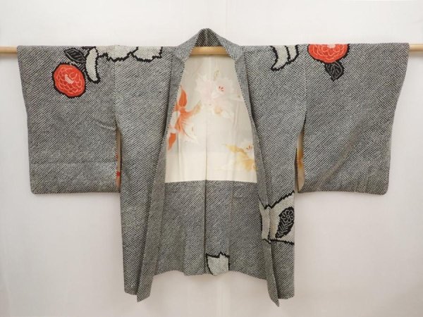 Photo5: 6701T04z640 Vintage Japanese Kimono Silk SHIBORI HAORI Flower Black (5)