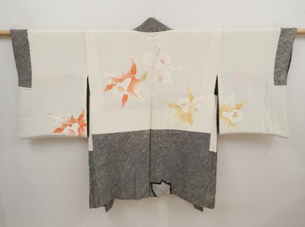 Photo6: 6701T04z640 Vintage Japanese Kimono Silk SHIBORI HAORI Flower Black (6)