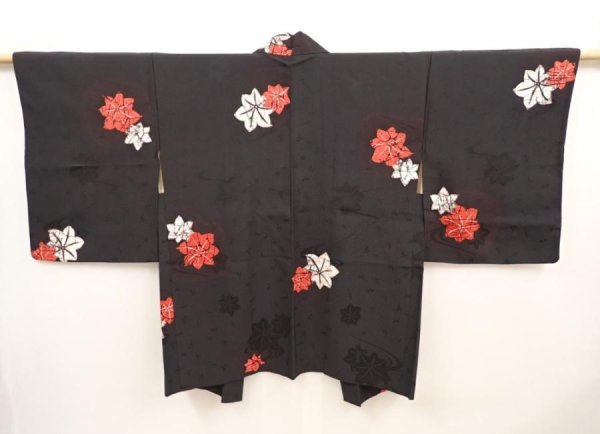 Photo1: 6701T06z620 Vintage Japanese Kimono Silk HAORI Maple Black (1)